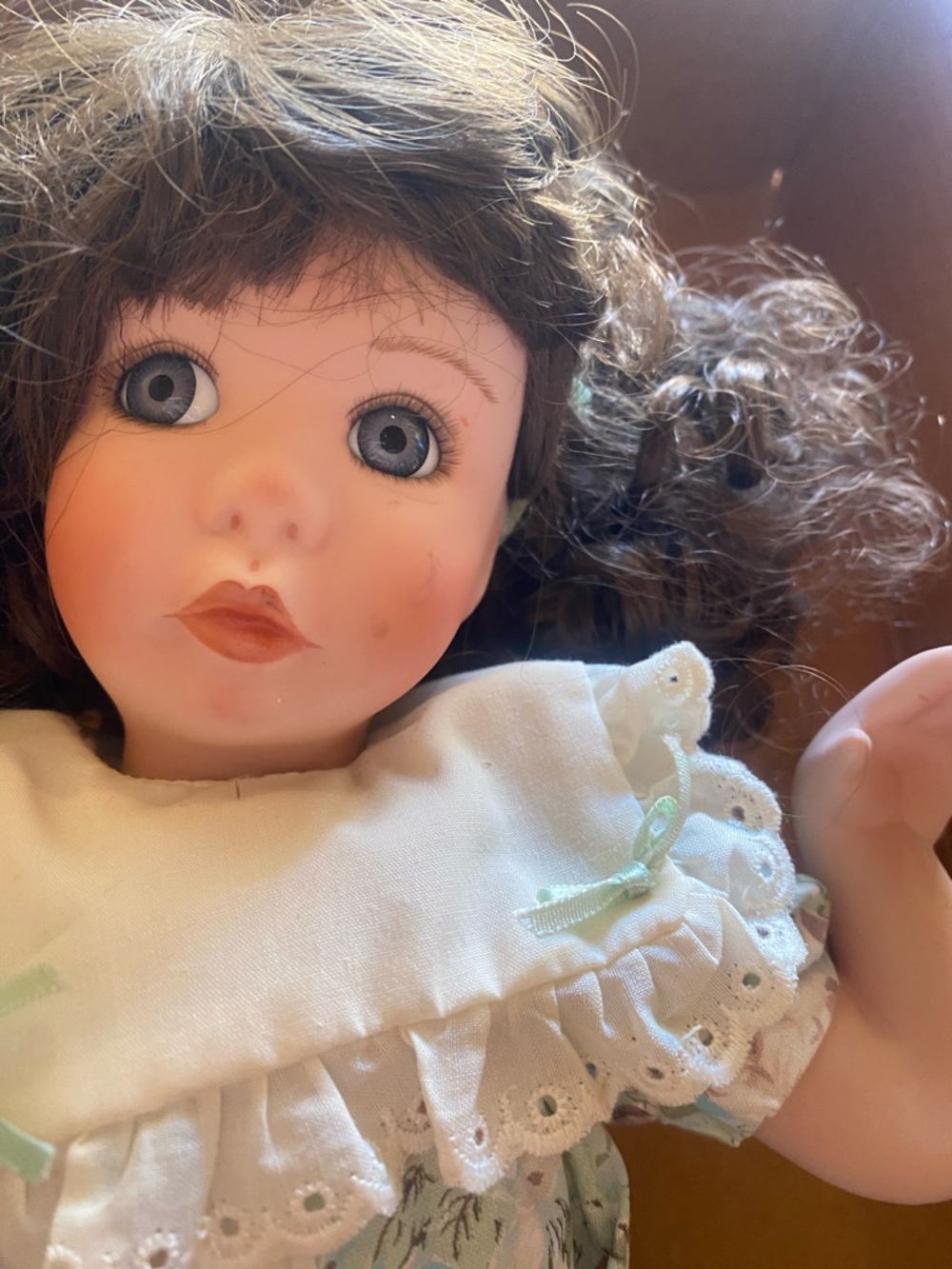 Vintage!!!!Porcelain Girl Doll with Blue Eyes and Brown Hair